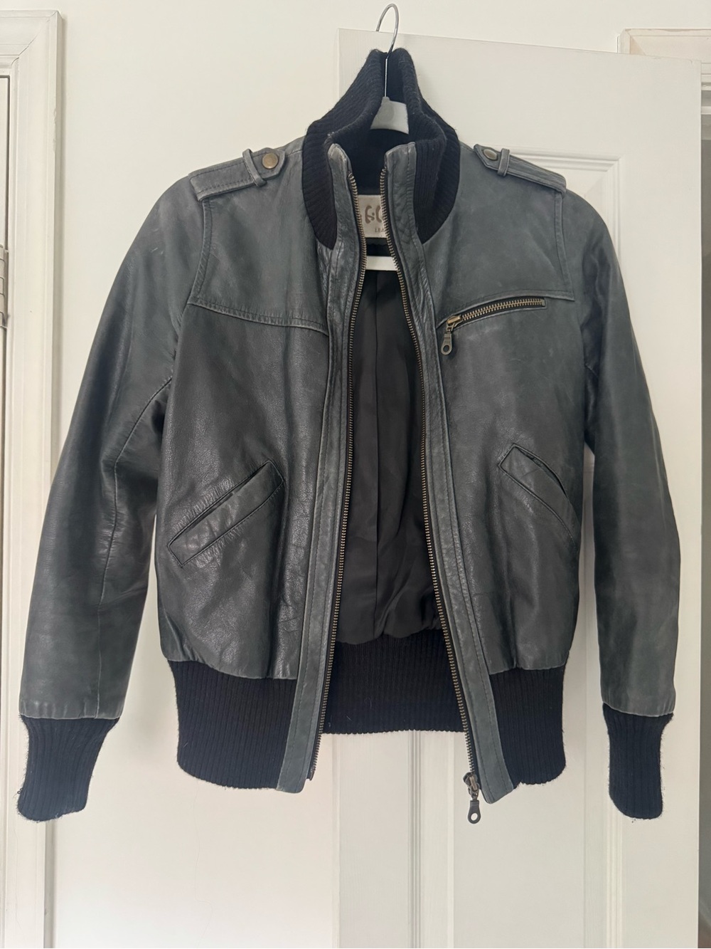 Women’s Black Leather Bomber Jacket with Rib Knit Trim